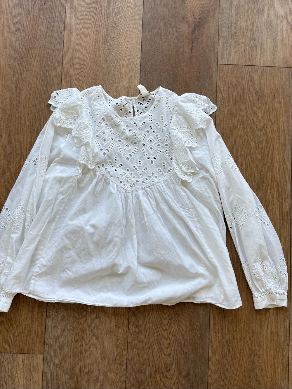 H&M White Eyelet Ruffle Long-Sleeve Blouse